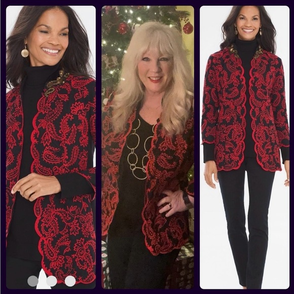 Chico's 2 Floral Paisley Embroidered Jacket Red & Black Embellished Jacket - Picture 1 of 9